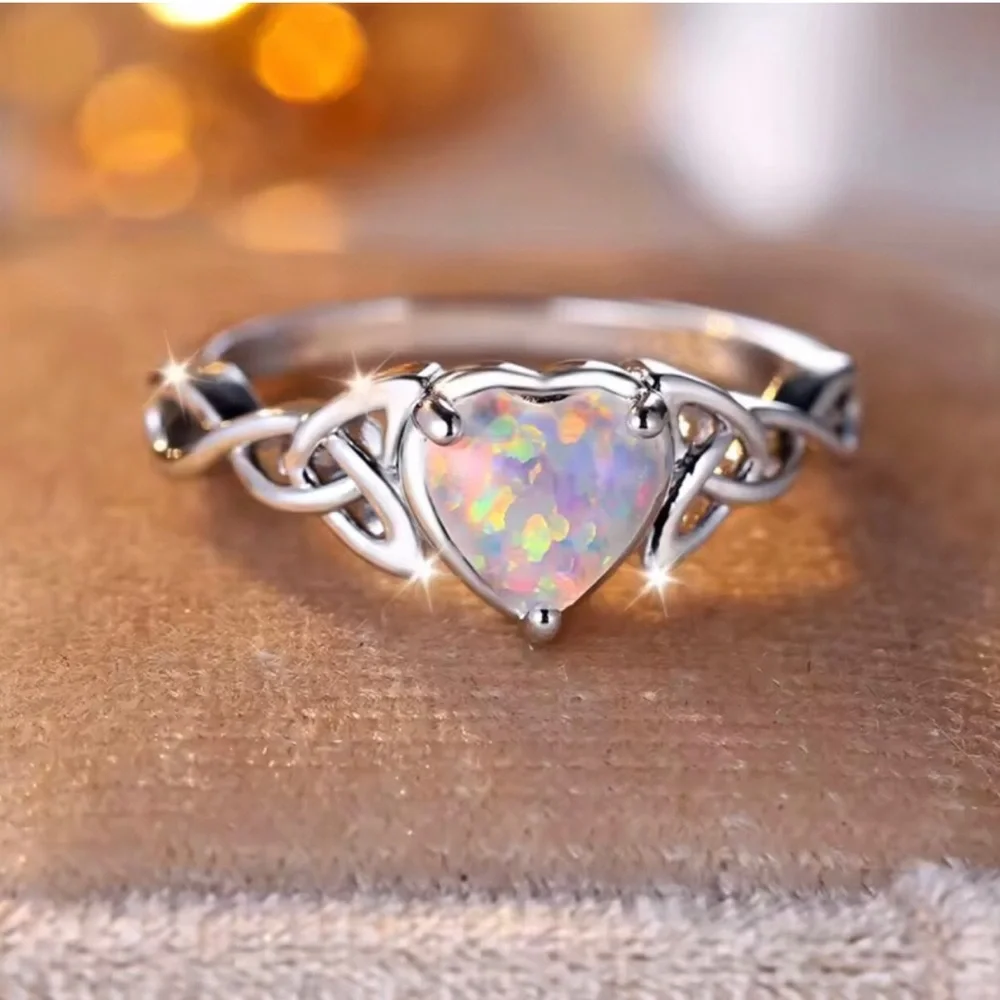 Heart Opal Celtic Knot Sterling Silver Style Ring in White Opal